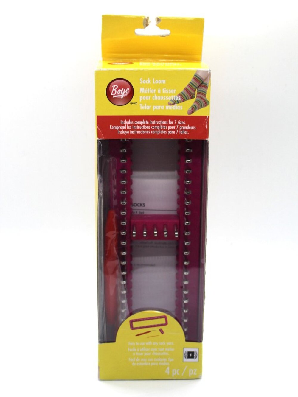 Boye Sock Loom 4 Piece Set 60 Pin Adjustable Loom Hook Needle Instructions NOS